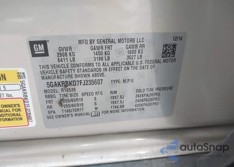 2015 Buick Enclave Leather z USA, uszkodzony, nr VIN 5GAKRBKD7FJ235607